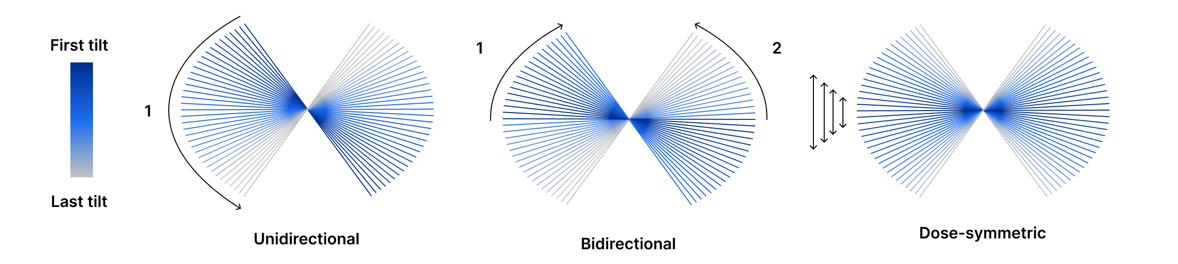 Common tilt schemes used for cryoET imaging, including unidirectional, bidirectional, and dose-symmetric schemes.