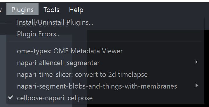 Opening cellpose in the napari menu