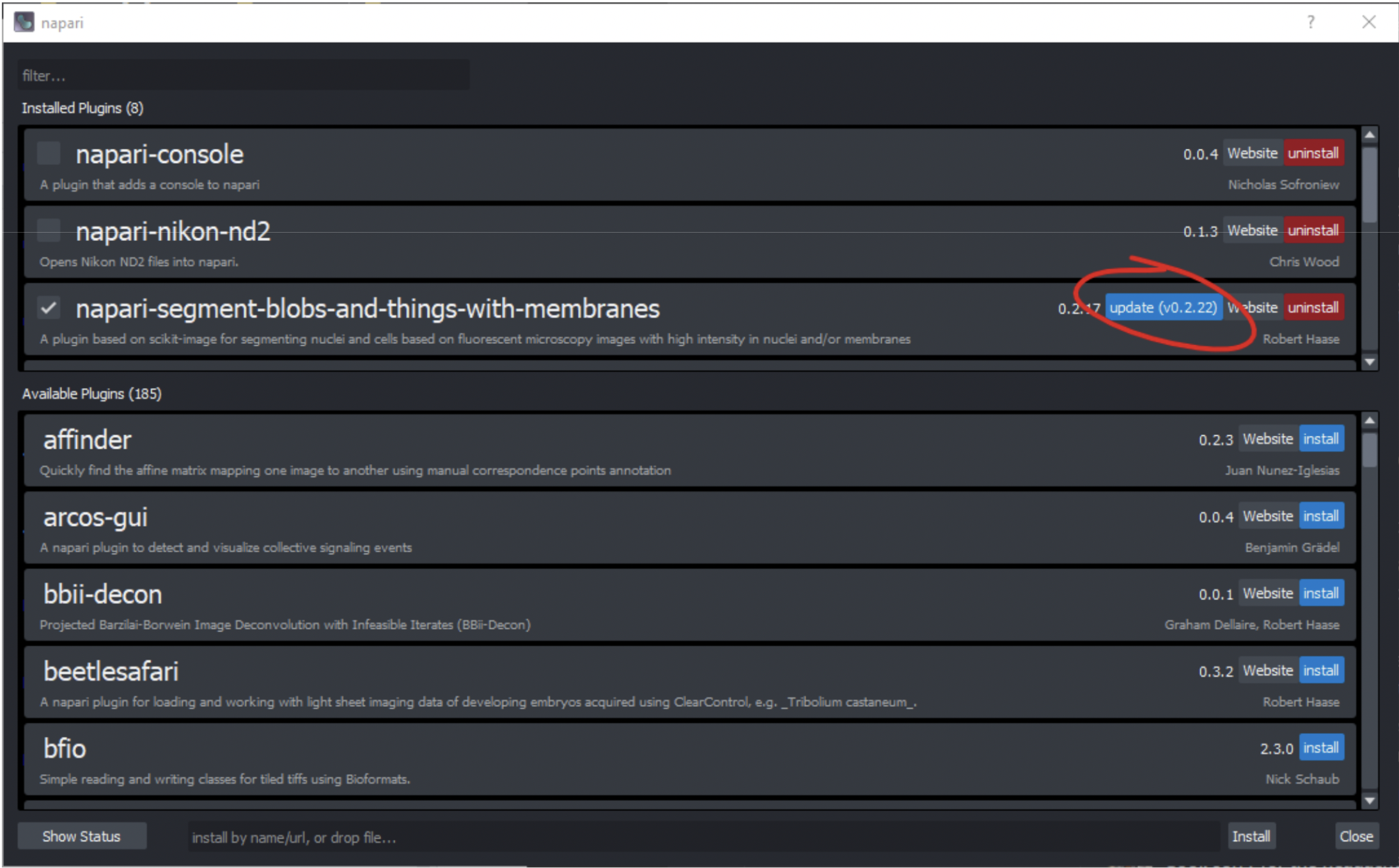 napari install uninstall menu showing option to update plugins