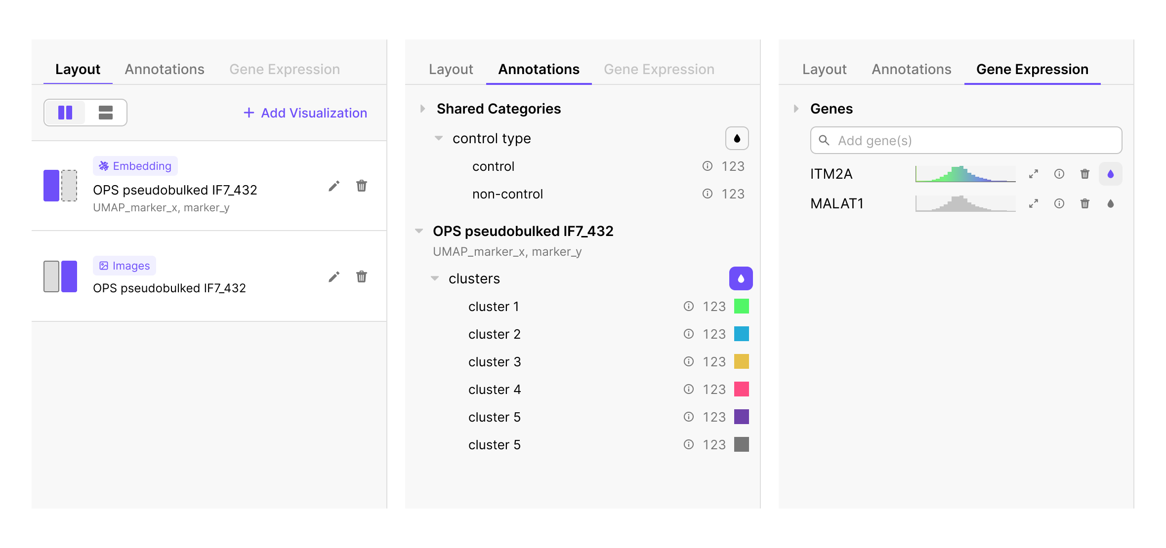Add Visualization sidebar at Step 1 showing three type buttons: Embedding, Images, Volcano Plot