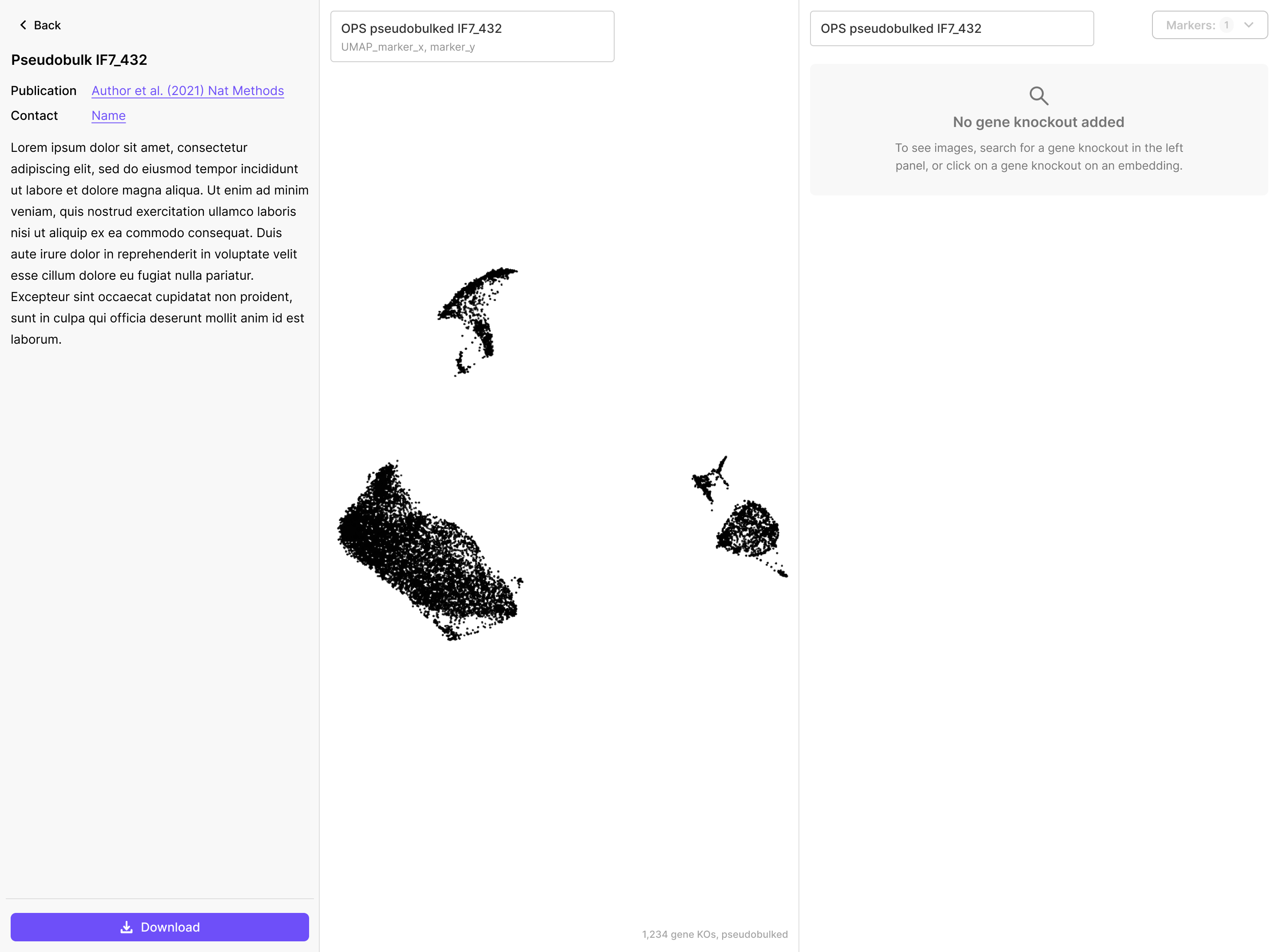 Collection info view showing Back button, title, publication link, contact, description, and Download button