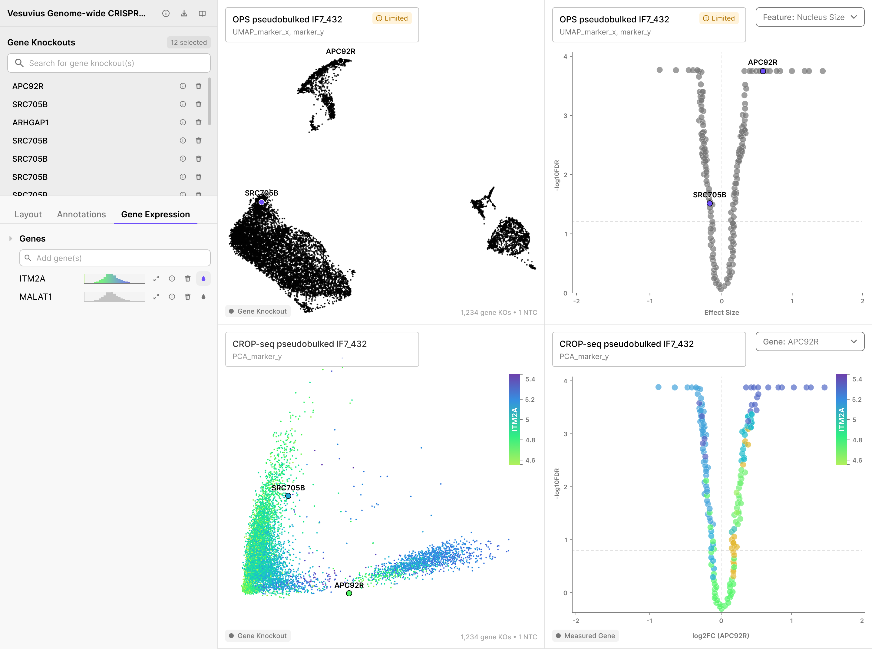 Gene Expression tab active: CROP-seq embedding colored continuously by expression; OPS panels show Limited badges