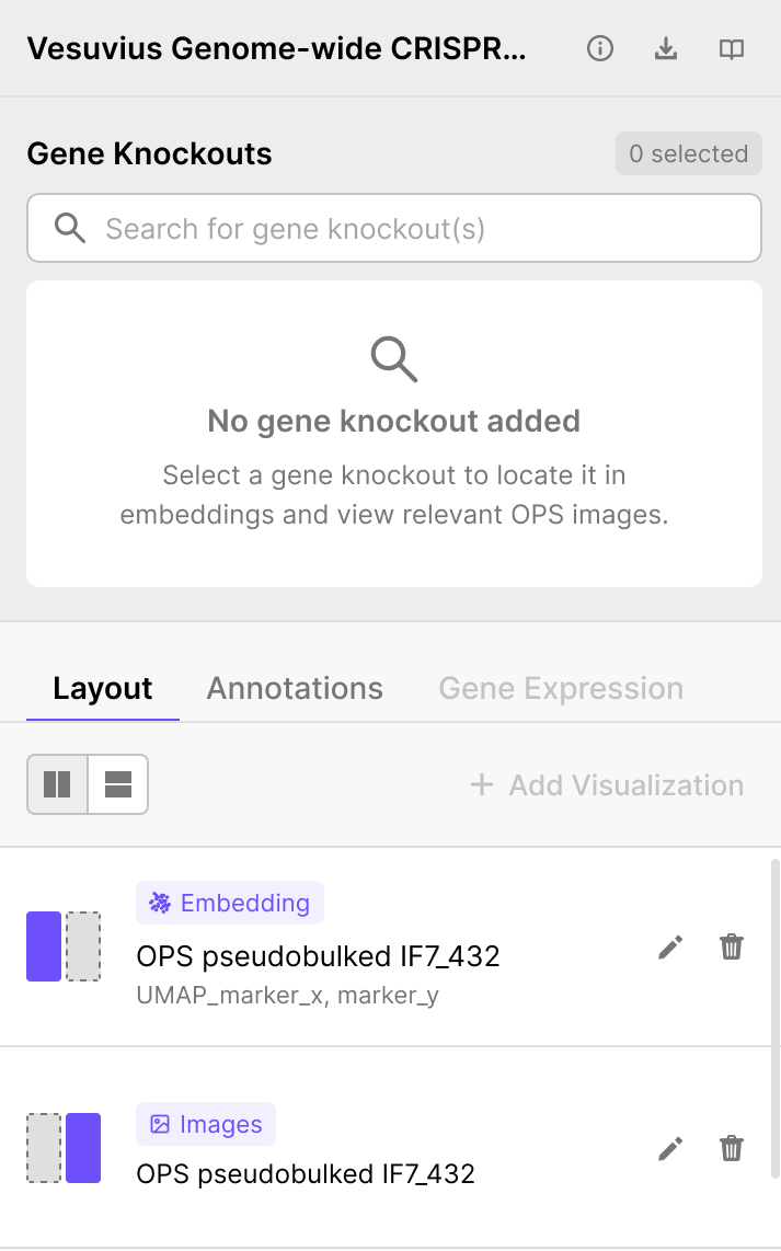 Left panel showing the Layout tab with two visualization rows and the + Add Visualization button