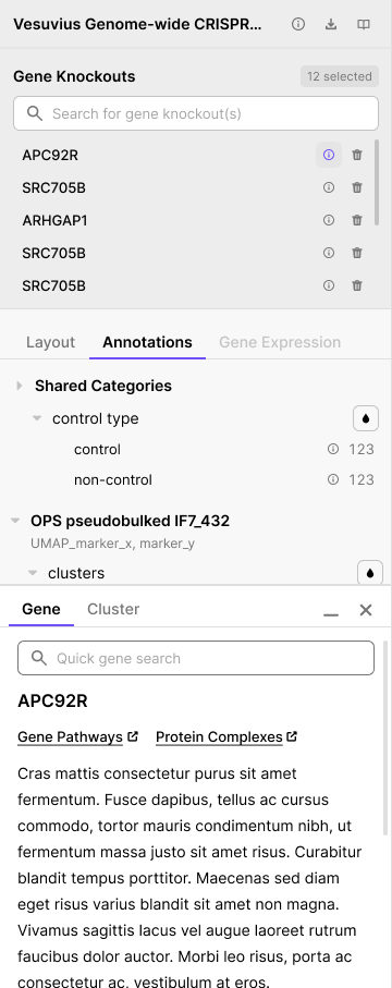 Gene info sidebar populated with gene description and external links