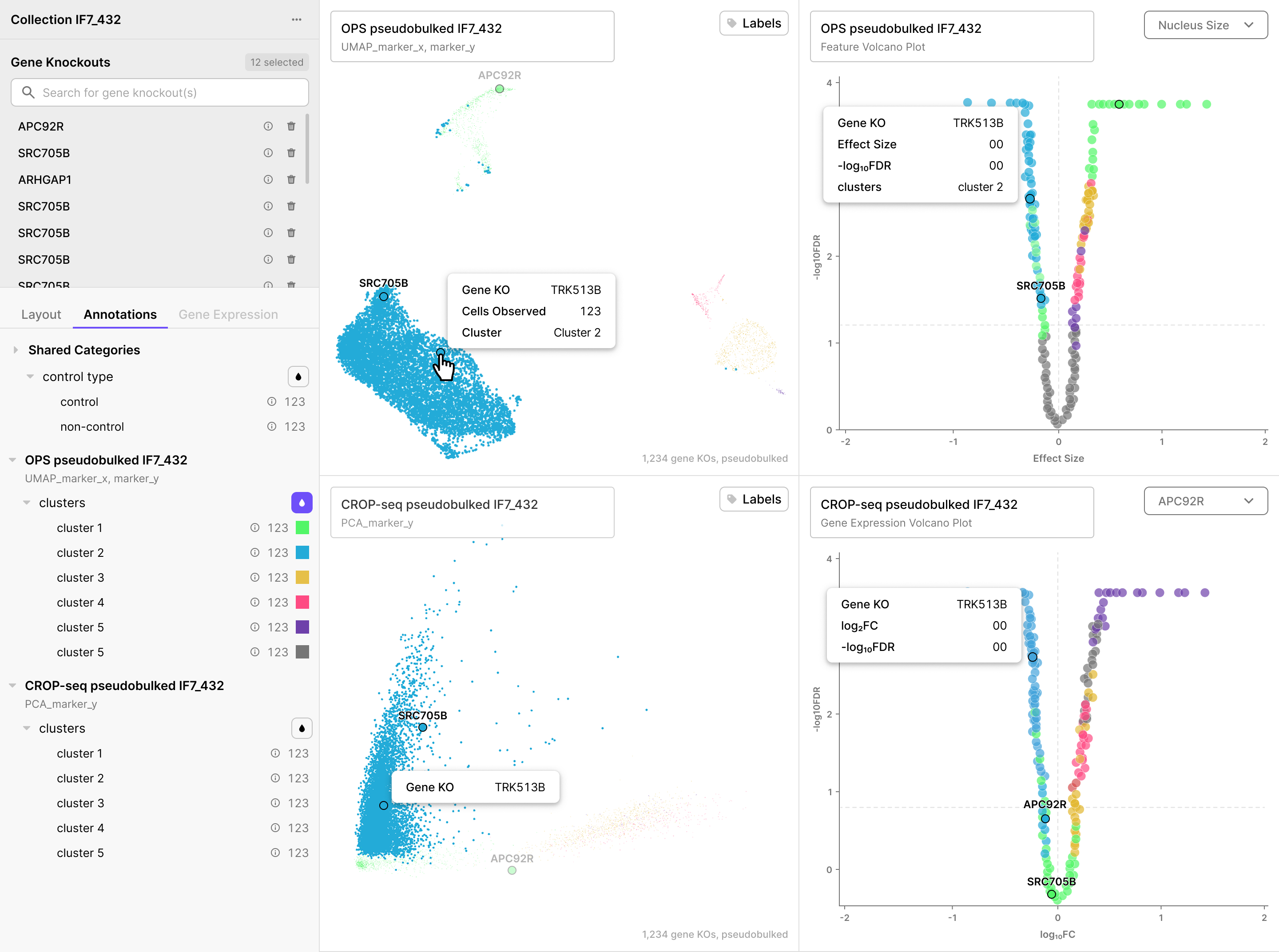 Colored UMAP with gene knockout name labels visible on selected knockouts