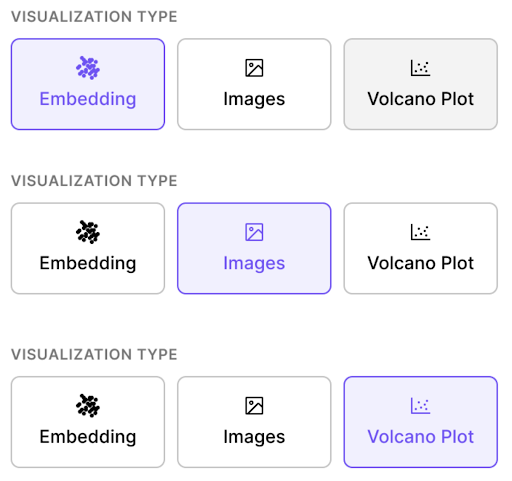 Add Visualization sidebar at Step 1 showing three type buttons: Embedding, Images, Volcano Plot